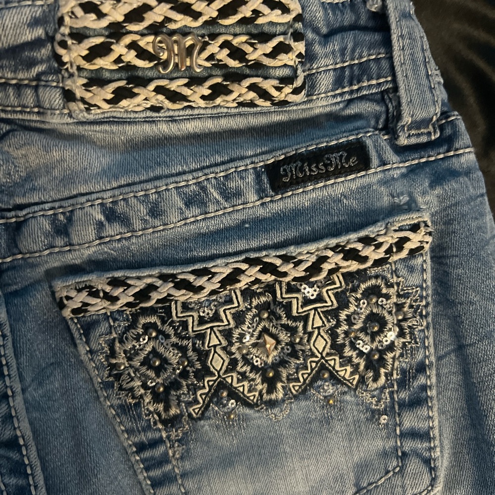 Miss Me Blue Jeans with Black and White Embroidery